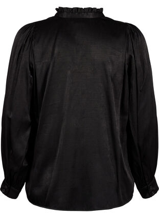 Zizzi Blouse met lange mouwen, ruches en V-hals, Black, Packshot image number 1