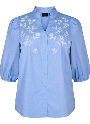 Zizzi Katoenen overhemdblouse met bloemenborduursel, Vista Bl. W. White, Packshot image number 0