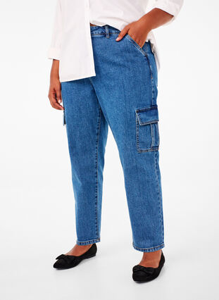 Zizzi Cargo jeans met hoge taille, Blue Denim, Model image number 2