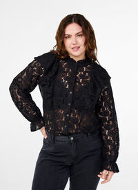 Kanten overhemd-blouse met ruches, Black, Model