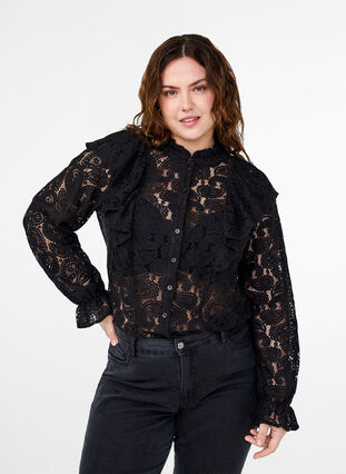 Zizzi Kanten overhemd-blouse met ruches, Black, Model image number 0