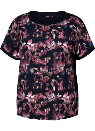 Zizzi Soepelvallend T-shirt met bloemenprint, Black Purple Fl. AOP, Packshot image number 0