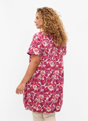 Zizzi Bedrukte katoenen jurk met korte mouw, Raspberry Sorbet, Model image number 1