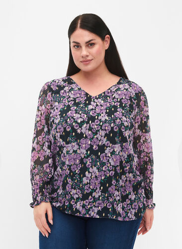 Zizzi Bloemenblouse met lange mouwen en v-hals, Black Small Fl. AOP, Model image number 0