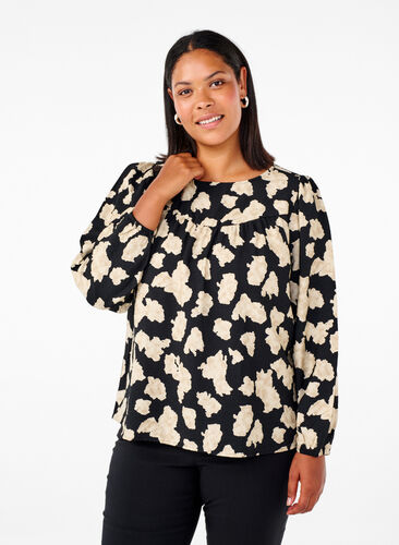 Zizzi Blouse met lange mouwen, print en strikjes, Black AOP, Model image number 0