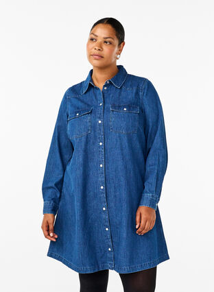 Zizzi Denim jurk met knopen, Medium Blue Denim, Model image number 0