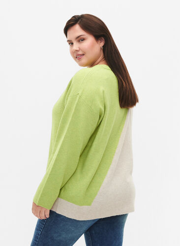 Zizzi Gebreide blouse met ronde hals en colorblock, Tender Shoots Comb, Model image number 1