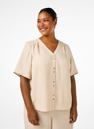 Zizzi Overhemd blouse met V-hals en korte mouwen, Cement, Model image number 0