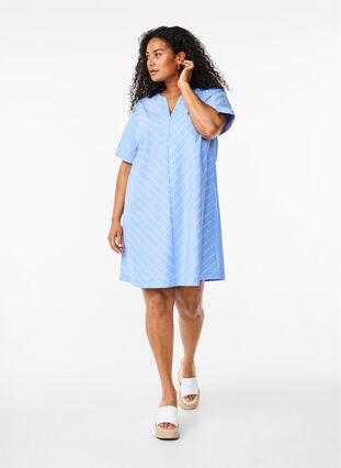Zizzi Gestreepte jurk van biologisch katoen, Blue Stripe, Model image number 2