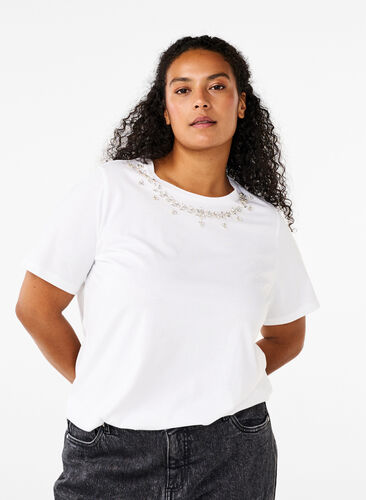 Zizzi T-shirt met ronde hals en strass-steentjes, Bright White, Model image number 0