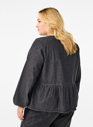 Zizzi Peplum blouse van denim met striksluiting, Dark Grey Denim, Model image number 1