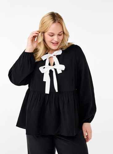 Zizzi Viscose blouse met strikjes en lange mouwen, Black White Bow, Model image number 0