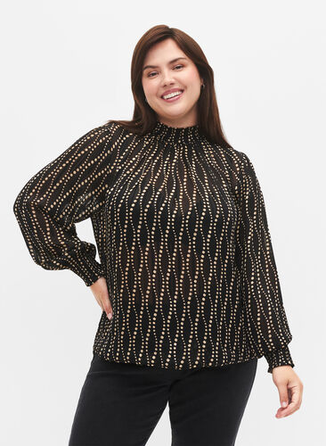 Zizzi Smok blouse met print, Black Weaves AOP, Model image number 0