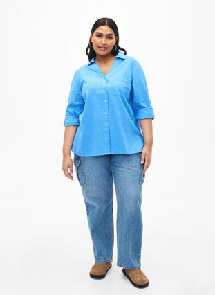 Zizzi Shirt blouse met knoopsluiting van katoen-linnenmix, Marina, Model image number 2