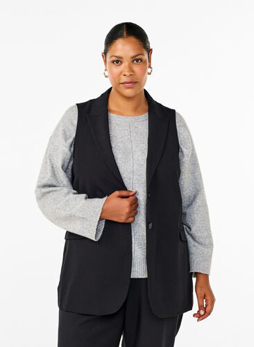 Zizzi Vest met kraag en zakken, Black, Model image number 0