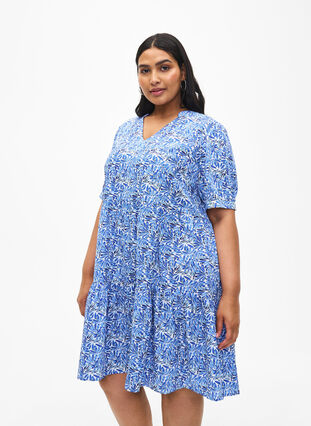 Zizzi Flash - Bedrukte A-lijn jurk, White Blue AOP, Model image number 0