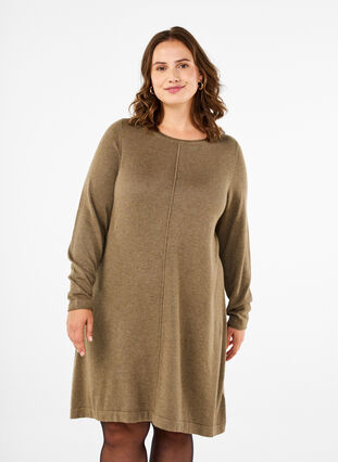 Zizzi Gebreide jurk in katoen-viscose blend, Dusky Green, Model image number 0