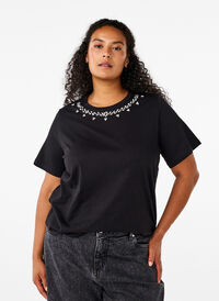 T-shirt met ronde hals en strass-steentjes, Black, Model