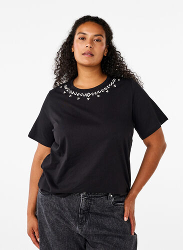 Zizzi T-shirt met ronde hals en strass-steentjes, Black, Model image number 0