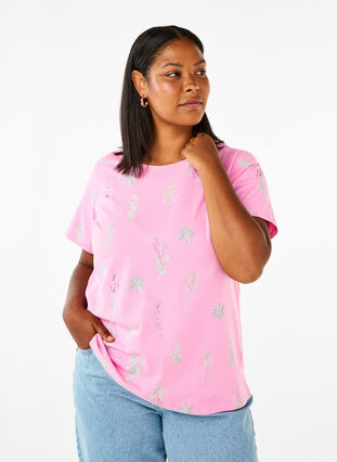 Zizzi T-shirt van biologisch katoen met bloemenprint, Rosebloom W. Flower, Model image number 0