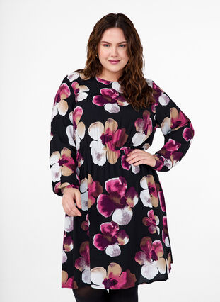 Zizzi Viscose jurk met print en lange mouwen, Black Pink FlowerAOP, Model image number 0