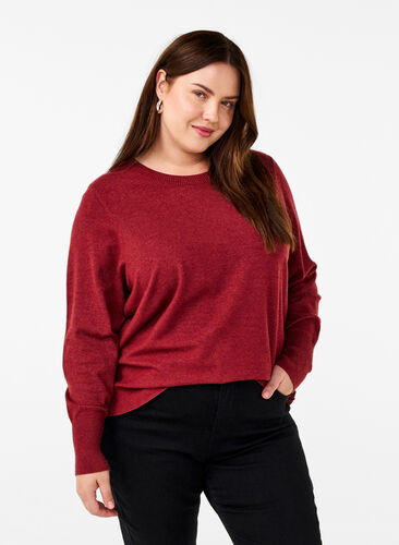 Zizzi FLASH - Gebreide blouse met ronde hals, Merlot Mel., Model image number 0