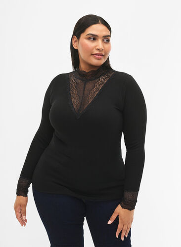 Zizzi Geribde viscose blouse met kant, Black, Model image number 0