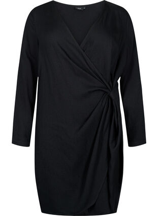 Zizzi Viscose jurk met lange mouwen en wikkel-look, Black, Packshot image number 0
