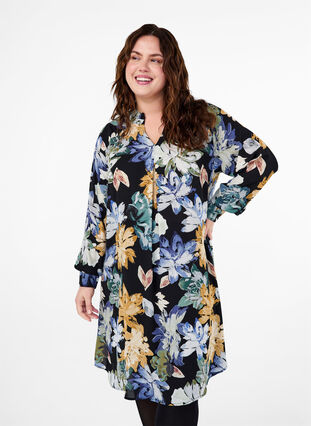 Zizzi Jurk met lange mouwen en bloemenprint, Yellow Flower AOP, Model image number 0