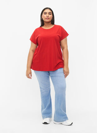 Zizzi T-shirt met korte mouwen van katoenmix, Tango Red, Model image number 2
