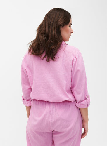 Zizzi Shirt blouse met knoopsluiting van katoen-linnenmix, Rosebloom, Model image number 1