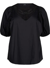 Blouse met korte mouwen en kant detail, Black