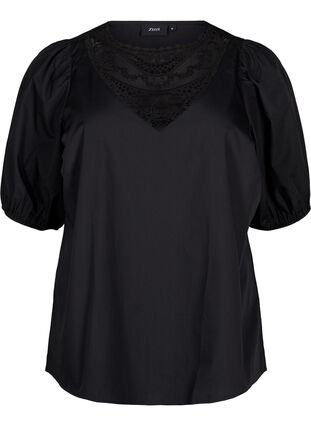 Zizzi Blouse met korte mouwen en kant detail, Black, Packshot image number 0