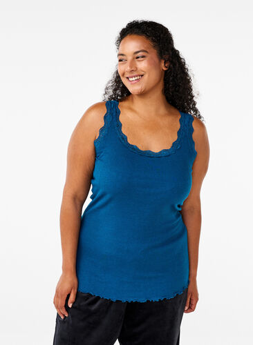 Zizzi Top with lace trim, Blue Opal, Model image number 0