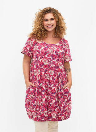 Zizzi Bedrukte katoenen jurk met korte mouw, Raspberry Sorbet, Model image number 0