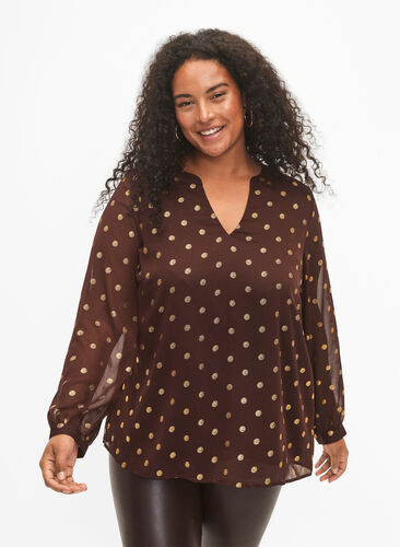 Zizzi Bedrukte blouse met V-halslijn, Fudge/Gold Dots, Model image number 0
