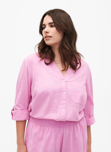 Zizzi Shirt blouse met knoopsluiting van katoen-linnenmix, Rosebloom, Model image number 0
