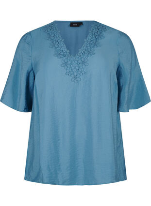 Zizzi Blouse van viscose met v-hals en borduursel, Blue Heaven, Packshot image number 0