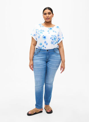 Zizzi Viscose blouse met korte mouwen en bloemen, White Blue AOP, Model image number 2