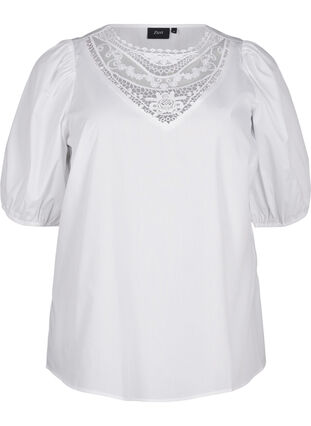 Zizzi Blouse met korte mouwen en kant detail, Bright White, Packshot image number 0