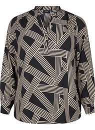 Blouse met lange mouwen en V-hals, BLACK BEIGE GRAPHIC