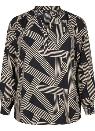 Zizzi Blouse met lange mouwen en V-hals, BLACK BEIGE GRAPHIC, Packshot image number 0