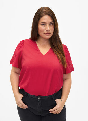 Zizzi Viscose blouse met korte mouwen en borduursel, Tango Red, Model image number 0