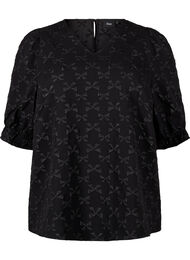 Jacquard blouse met korte mouwen en strikjes, Black W. Bow