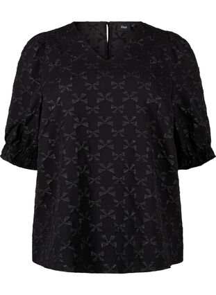 Zizzi Jacquard blouse met korte mouwen en strikjes, Black W. Bow, Packshot image number 0