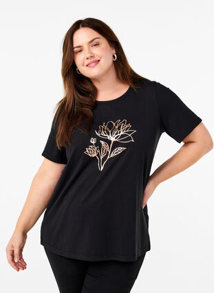 Zizzi FLASH - T-short met motief, Black R. Gold Flower, Model image number 0