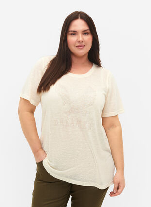 Zizzi T-shirt met klinknagels en ronde hals, Buttercream, Model image number 0