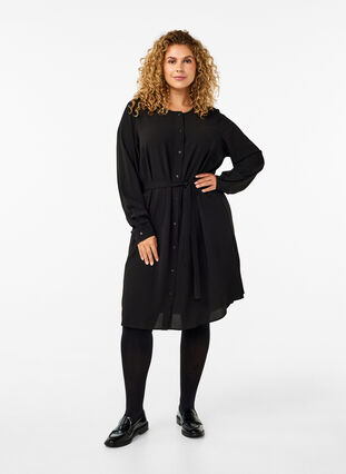 Zizzi Jurk met lange mouwen en trekkoord, Black, Model image number 2