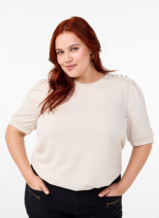 Zizzi Blouse met knoopdetail en korte pofmouwen, Oatmeal White Mel., Model image number 0