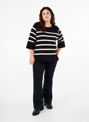 Zizzi Gebreide blouse met 3/4 mouwen en strepen, Black Birch Stripes, Model image number 2